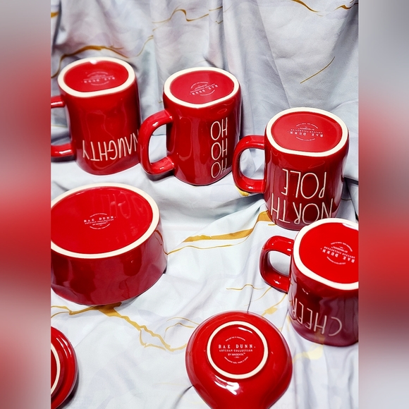 Rae Dunn set 8 Christmas Red Ceramic Coffe Mugs 16 Oz mugs sugar jar bowl exct - Picture 7 of 9